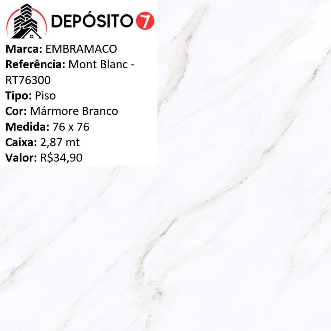 EMBRAMACO PISO ACETINADO 76X76 RT76300 MONT BLANC (CAIXA COM 2,87MT)